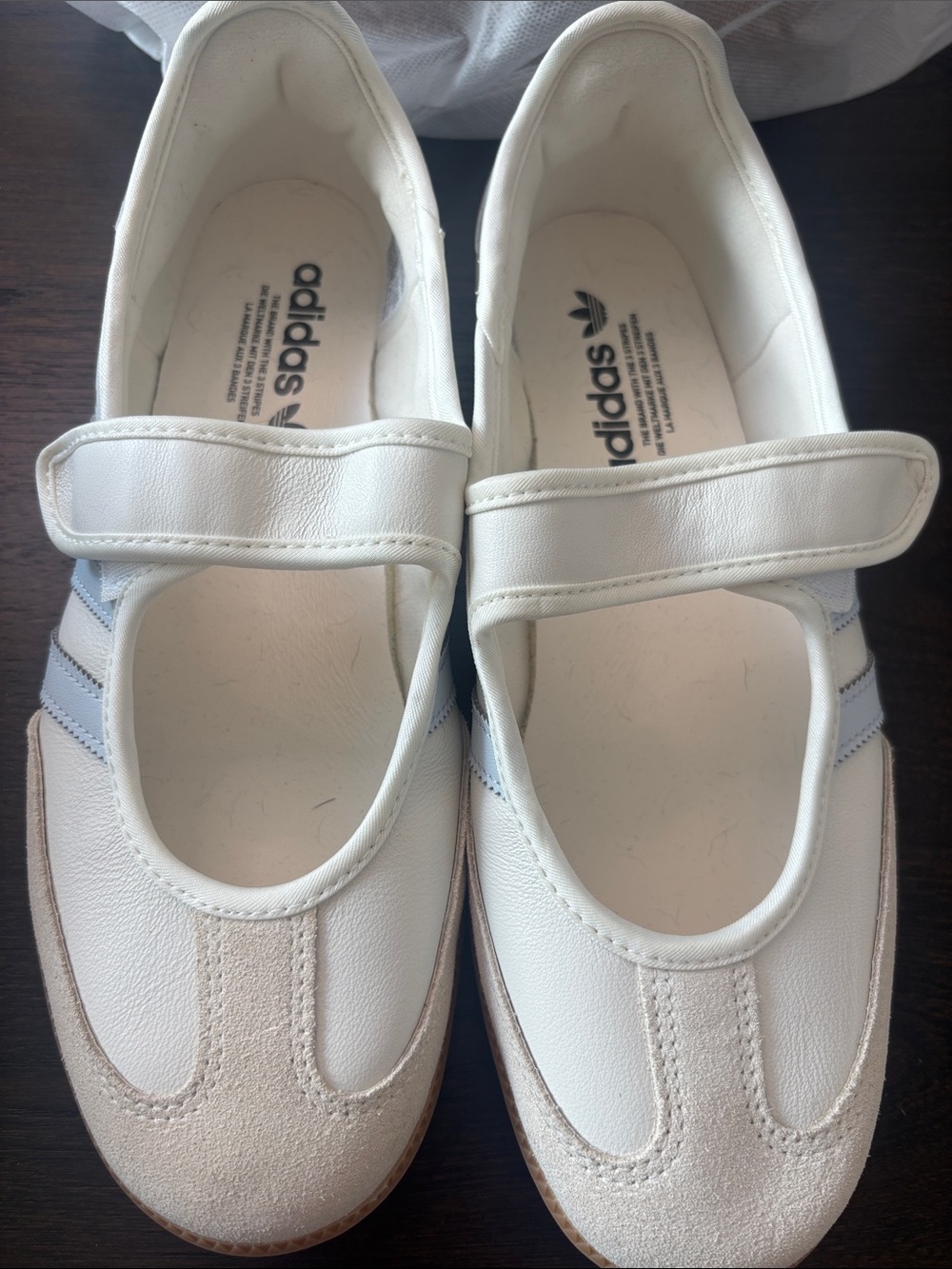 adidas White Mary Jane Flats with Light Gray Stripes